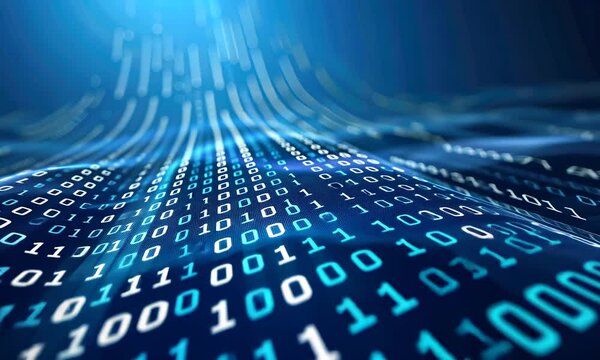 Digital binary code on blue abstract background suggesting data, cyber technology, and computing