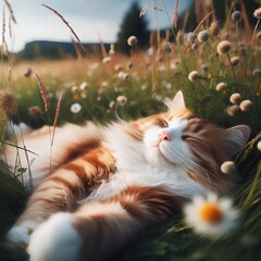 entspannte Katze in einer Wildblumenwiese