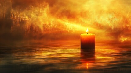Fototapeta premium The concept of the soul and spirituality is exemplified through a warm candlelight bokeh illumination, golden sunset sky, and reflective river wave background