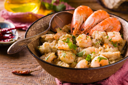Traditional Portuguese bread soup with shrimp.. A&Ccedil;ORDA ALENTEJANA.