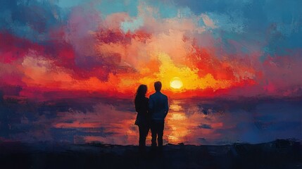 Obraz premium Silhouette of a couple watching a vibrant sunset over the ocean, painting style.