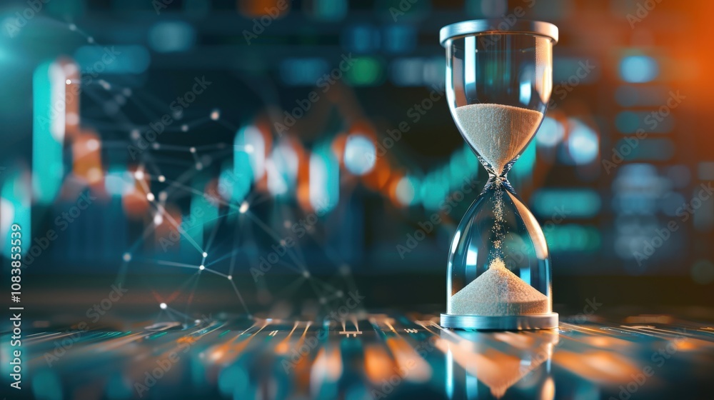 Poster Hourglass on Table with Blurred Financial Graphs and Data Background Representing Time Management and Decision Making in Business and Finance