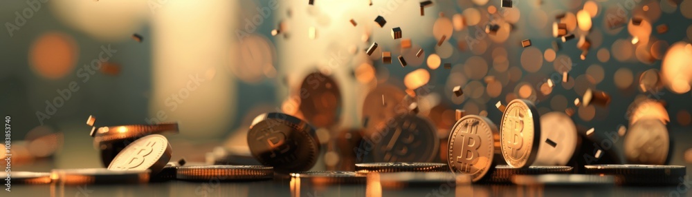 Poster dynamic scene of falling coins and shimmering glimmers creating a captivating atmosphere of wealth a