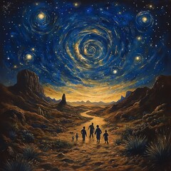 An intriguing oil painting showcasing a family journeying across a vast, fantastical desert under a starlit sky