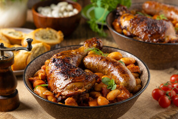 A traditional French one-pot dish with beans, chicken and white sausage. Cassoulet.