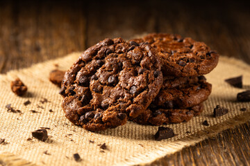 Fototapeta premium Delicious, shortcrust chocolate cookies with chocolate pieces.