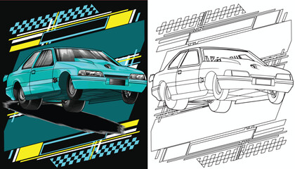 Outline green and painted racing car. Isolated in white background, for t-shirt design, print, and for business purposes.