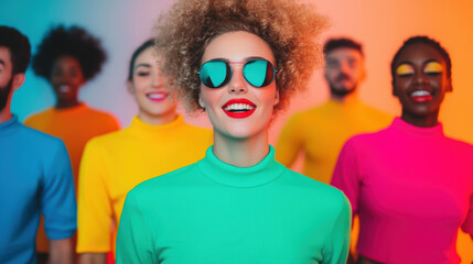 Fototapeta premium Group Dance Class Fun Concept. A vibrant group of people wearing colorful outfits and sunglasses, exuding joy and a lively atmosphere, creating a fun and energetic vibe.