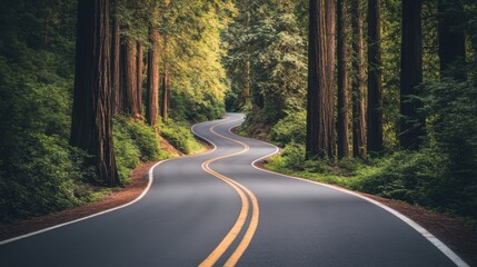 Fototapeta premium Winding road through lush green forest of tall trees