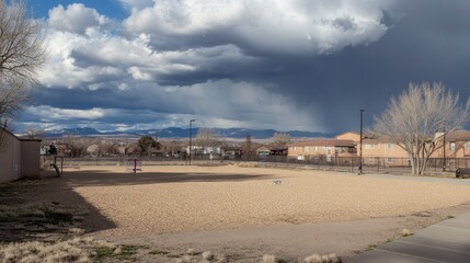 A park scene with a sandy area, distant mountains, and dramatic clouds in the sky.