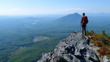 Fototapeta premium Hiker standing on rocky peak overlooking lush green valley below