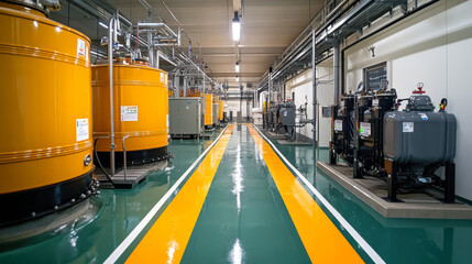 Obraz premium Industrial facility interior with machinery and orange storage tanks, clean and organized setting