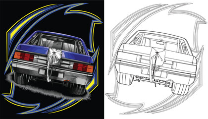 Outline blue and painted racing car. Isolated in black background, for t-shirt design, print. and for business purposes.