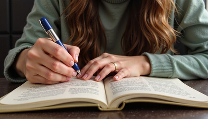Person writing recipes in a notebook with a pen on a wooden table