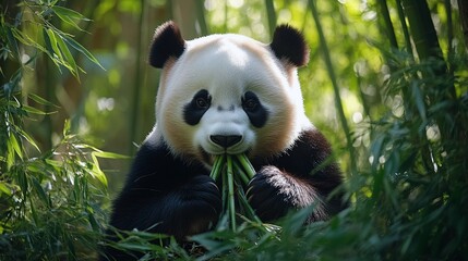 Fototapeta premium Panda Eating Bamboo in a Bamboo Forest in China