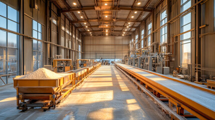 Fototapeta premium Industrial factory interior with equipment and raw materials in the morning light