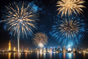 Fototapeta premium Banner Purple Firework celebrate anniversary happy new year 2024, 4th of july holiday festival. Banner Purple firework night time National holiday. Violet firework New year 2025 festival copy space