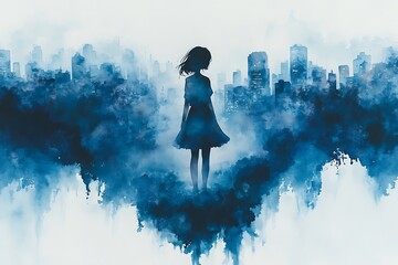 A lone woman stands amidst a misty cityscape, her silhouette a beacon against the blue hues.