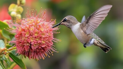 Fototapeta premium Hummingbird Feeding on Nectar from a Bright Flower in Mid-Air