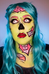 Portrait of model wearing zombie makeup in pop art style