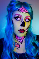 Portrait of model wearing zombie makeup in pop art style