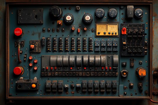 An intricate vintage control panel with various buttons and switches.