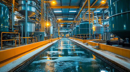 Obraz premium Industrial refinery interior with large tanks and pipes during daylight