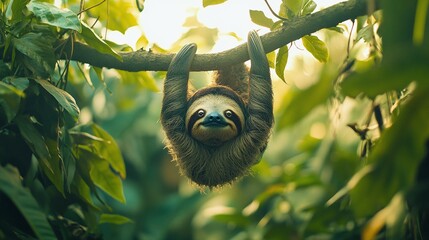 Naklejka premium Sloth Hanging Upside Down in Tropical Jungle with Vines and Leaves