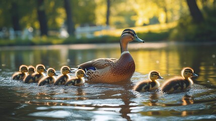 Fototapeta premium Mother Duck and Ducklings Crossing Pond in Quiet Park