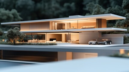 Obraz premium Modern luxury home exterior with large glass windows, minimalist architecture, and sleek cars parked in the driveway surrounded by lush greenery