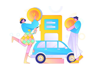 Naklejka premium Vector Internet operation hand-drawn illustration of people getting discounts for refueling their cars 