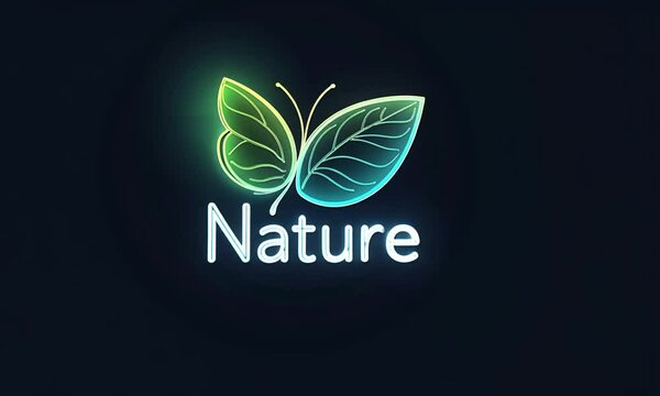 Neon green and blue butterfly icon with the word 'Nature' in a glowing neon green and blue style on a dark background.