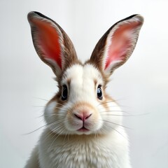 Fototapeta premium Cute rabbit with half mask. Animal cosplay. Photo studio shot. Adorable rabbit face. Trendy avant-garde visual arts. Subculture dress up. Rabbit costume. Fun rabbit pic.