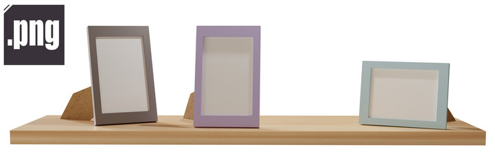 Wooden shelf with photo frames as a decorative element. Template for design without background. Realistic 3D render.