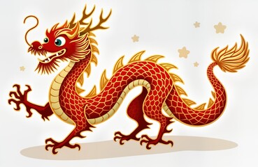 Fototapeta premium Red dragon illustration with golden outline. Powerful mythical animal. Suitable for various uses like design elements, templates, tattoos,. Perfect for Chinese New Year celebrations, general design