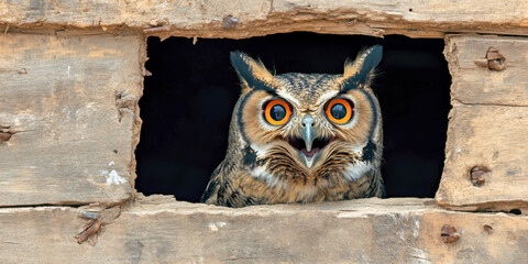 Owl peering through wooden plank opening with striking orange eyes