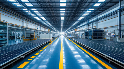 Fototapeta premium Solar panel manufacturing facility with advanced technology and high-efficiency production line
