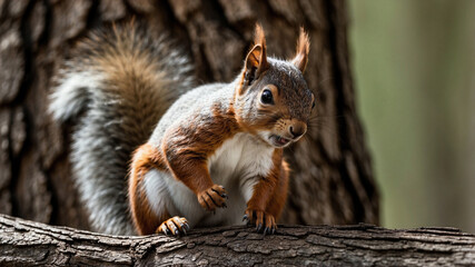 Close-Up of a Curious Squirrel Peeking from Behind a Tree Trunk in Nature