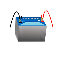 Car battery cable jump starting a dead car battery, black and red charging cable clamps on battery