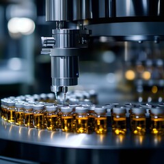 An automated bottling machine efficiently fills vials with liquid in a factory setting, showcasing modern manufacturing technology.