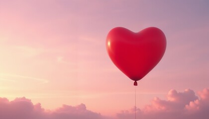 Fototapeta premium Single red heart balloon, romantic symbol, dreamy sky, whimsical atmosphere, copy space