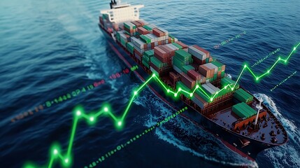 Obraz premium Cargo Ship Navigating Through Water with Growth Graph
