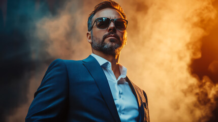 Confident man in a stylish suit stands amidst colorful smoke in an urban setting during twilight
