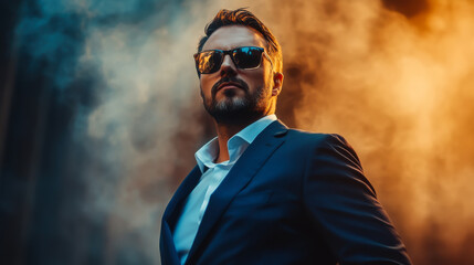 Confident man in a stylish suit stands amidst colorful smoke in an urban setting during twilight