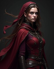 a fantastic and fictional medieval female warrior with very smooth body lines and a very smooth face, dark colors, red, purple, realistic, detailed