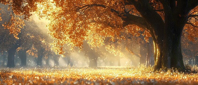 A serene autumn landscape featuring majestic trees with vibrant orange leaves, illuminated by warm sunlight filtering through the branches, creating a tranquil and magical ambiance.