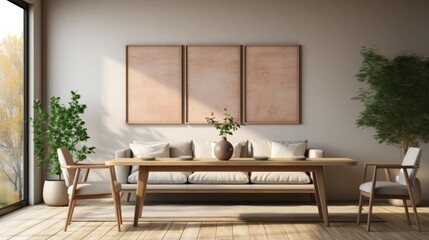 Fototapeta premium A living room with a wooden table and chairs, a couch, and a potted plant