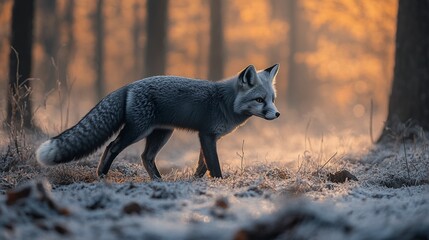 Silver Fox in Frosty Morning Forest with Mist and Sunlight
