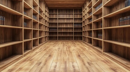 Wooden Bookshelves Lining a Room with Hardwood Floors