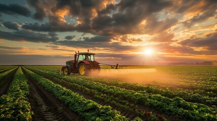 Fototapeta premium Tractor spraying crops on a lush green field at sunset, agricultural machinery and farming practices
